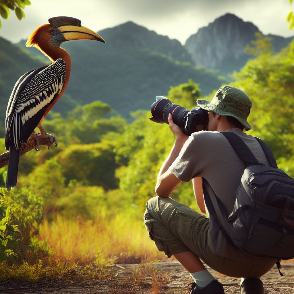 Master Exotic Bird Photography Techniques in 10 Simple Steps, a photographer taking pictures of an exotic bird in the wilderness